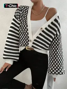 Colorblock Striped Plaid V Neck Button Lantern Sleeve Drop Shoulder Loose-Fit Sweater, Casual Jumper, Casual Fall & Winter Knitwear for Women