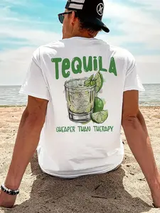 Men's Regular Fit Tequila & Lime Print Round Neck Tee, Casual Short Sleeve Crew Neck T-Shirt for Summer, Fashion Men's Top for Daily Wear, Tropical, Casual Style Tee