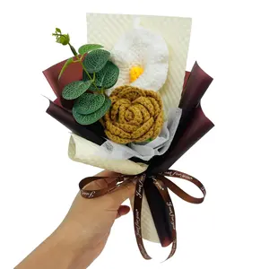 Handmade Crochet Rose Marigold Yarn Eternal Small Bouquet Graduation Gift Fake Flower Decor Party Present, Model_xinghao