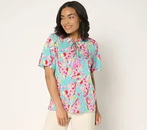 Denim & Co. Short Sleeve Printed Blouse with Tassels