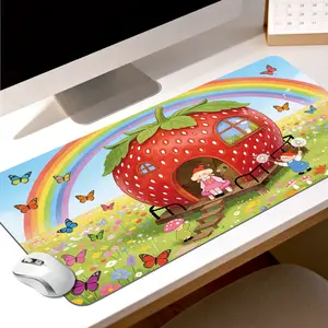 Premium Strawberry House With Rainbow And Butterflies Illustration High Quality Mouse Pad Modern Office Gaming Comfort Experience Non?Slip Durable For Daily Work And Play  40*80 Size.