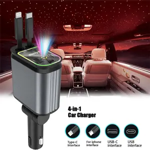 Mother's Day Gift:4-in-1 retractable car charger, red starry sky top, atmospheric, fast car mobile phone charger, two retractable charging cables, two USB connections, can charge four devices simultaneously, 180° rotation, lightweight design,