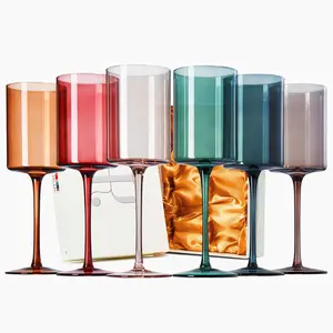 Khen Colored Square Modern Crystal Wine Glass Set of 6, Gift For Wife, Her, Mom, Friend - Large 12 oz Glasses, Colorful Italian Style Tall Drinkware - Red & White Color Beautiful Glassware - (Muted)