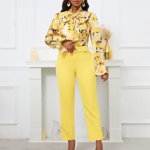 Women's Plus-Size 2-Piece Yellow Floral Clothes Set - Elegance-Focused Collared Long Sleeve Ruffled Blouse with Belted Waist, High-Waisted Pants - for Work, Casual Wear