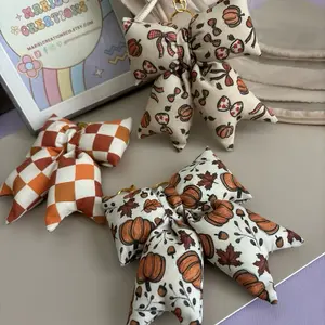 Fall Puffy Bow Keychain with Pumpkin and Checkered Patterns