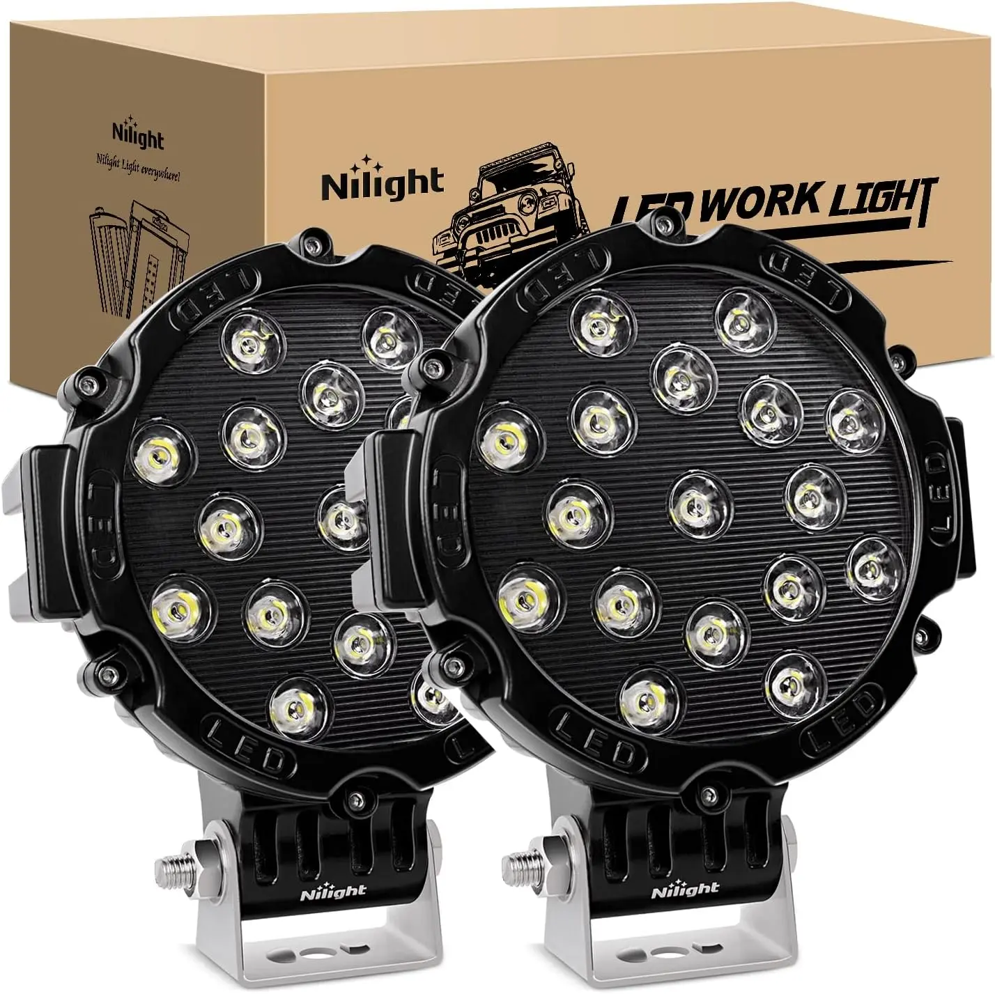 Nilight 2PCS 7" LED Working Light Bars - 51W 5100LM Black Round Spot Pods, Aluminum Cover, 100% Waterproof, Adjustable Mounting Brackets, Durable Offroad Car Truck Lighting, Working Lights