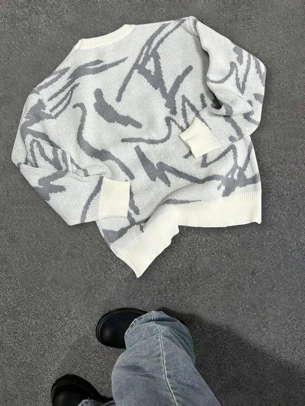 Men's Geometric Print Drop-Shoulder Sweater Pullover, Casual Street Comfy Long Sleeve Round Neck Jumper for Fall & Winter, Men's Knitwear for Daily Wear