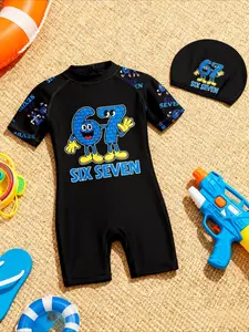 #67 Boys' Swimwear Set, Two-Piece Swimsuit & Cap, Swimming Suit, Spring Summer Essential, Trendy Collection, Perfect for Boys
