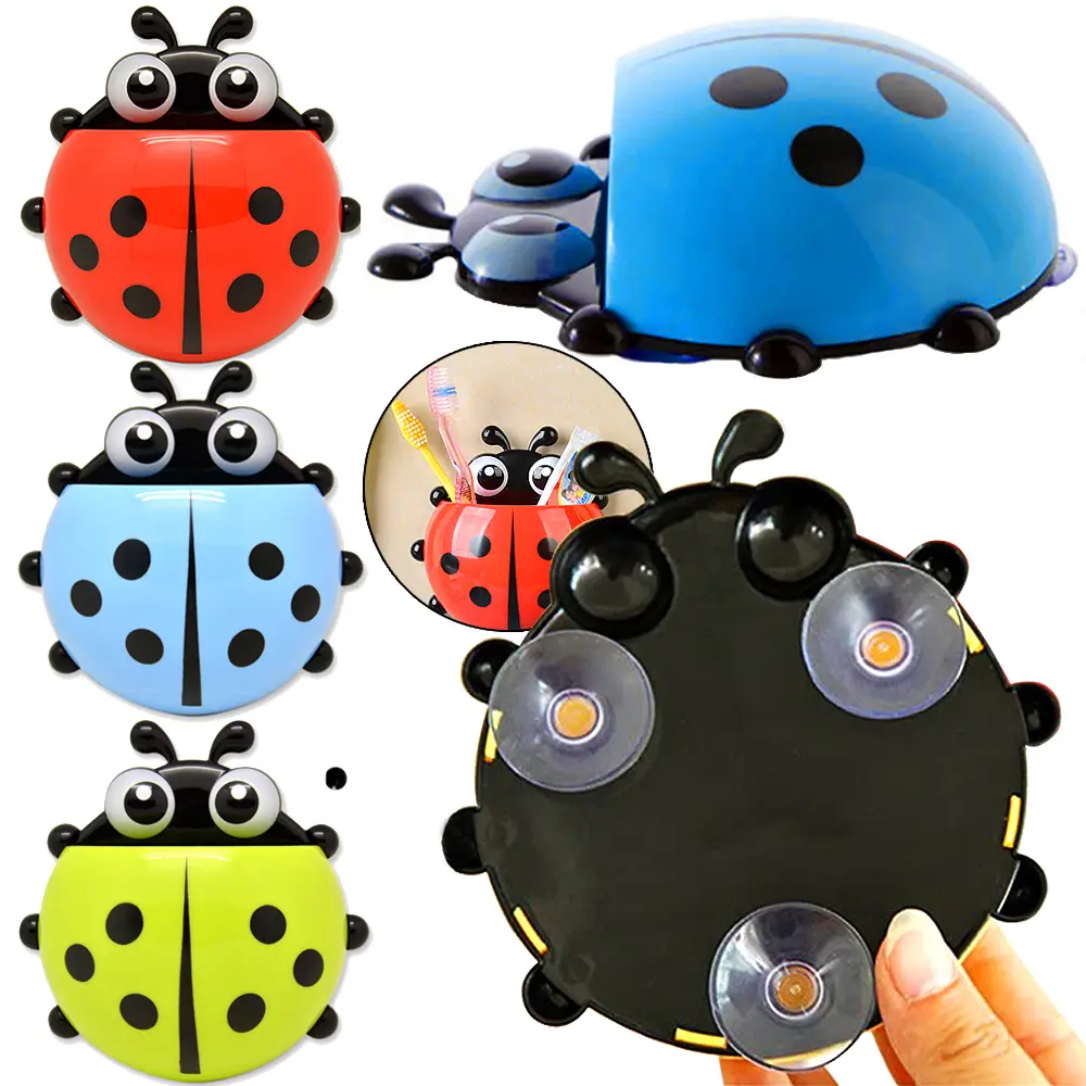 Cute Look Cartoon Ladybug ABS Plastic Toothbrush Holder, 13.5*11cm Suction-Mount Bathroom Wall Rack for Toothbrush & Toothpaste, Home Bathroom Storage Supply, Cartoon Look