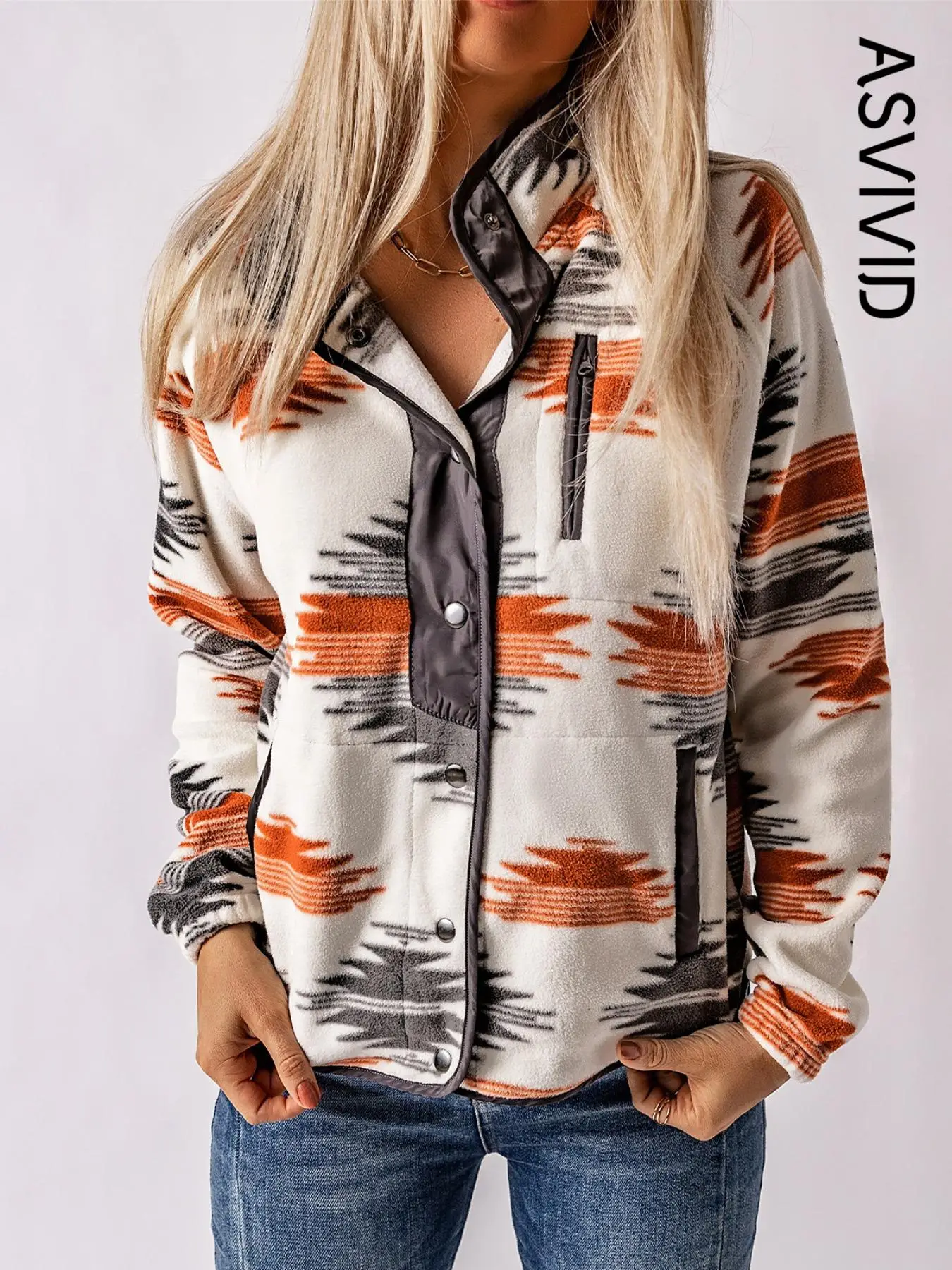 Women's Ethnic Pattern Button Front Pocket Jacket, Western Style Raglan Sleeve Stand Collar Zipper Outerwear, Ladies Clothes for Daily Wear