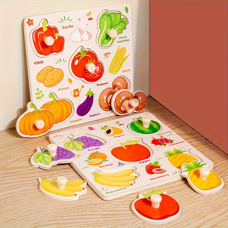 Wooden Peg Puzzles for Toddlers 1-3, 3 Pack Montessori Toys with Knobs, Animals Fruits Vehicles Shapes Educational Learning Puzzles Board, Preschool STEM Gift for Boys Girls 1 2 3 Year Old