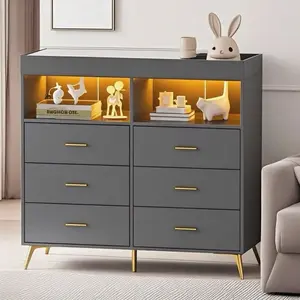 GARVEE 6-Drawer Multifunctional Baby Changing Table Dresser with Multifunctional Storage Cabinet, LED Lights, Charging Station, Diaper Changing Station & Soft Glow for Bedroom, Nursery