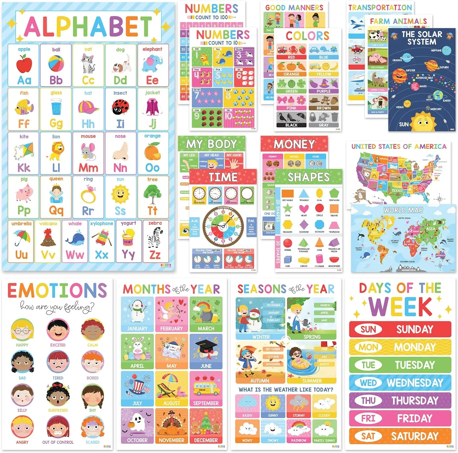 Toddler Learning Posters Set of 18 | Waterproof Alphabet & Number Charts | Montessori Preschool Wall Decor for Homeschool & Classroom