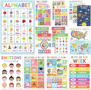 [Gift] Toddler Learning Posters Set of 18 | Waterproof Alphabet & Number Charts | Montessori Preschool Wall Decor for Homeschool & Classroom