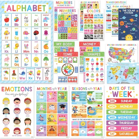 Toddler Learning Posters Set of 18 | Waterproof Alphabet & Number Charts | Montessori Preschool Wall Decor for Homeschool & Classroom