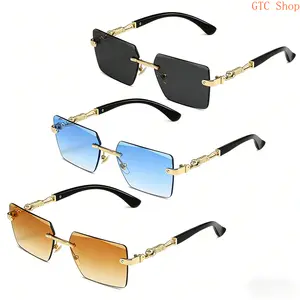 3-Pack Vintage Rimless Square Sunglasses – Cut Edge Design with UV400 Protection, Leopard Print Accents & Gradient Lenses, Lightweight Trendy Shades for Women & Men, Perfect for Daily Wear, Beach Trips, Parties & Outdoor Activities