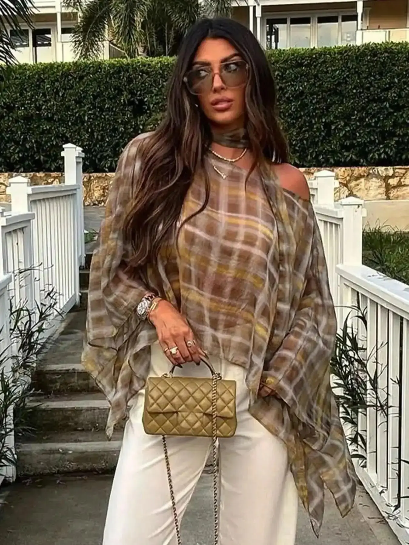 Spring Summer Women's Fashion Womenswear Casual Loose Plaid Print Cape Top One Shoulder Scarf Decorated Blouse Vintage Versatile Vacation Elegance Style Shirt Everyday Tops wardrobe essential versatile piece quick dry