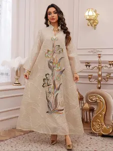 Light Apricot Rhinestone Floral Embroidery Kaftan, Dubai Style Mesh Stand Collar Abaya, Eid Luxe Dress, Long Sleeve, All Seasons