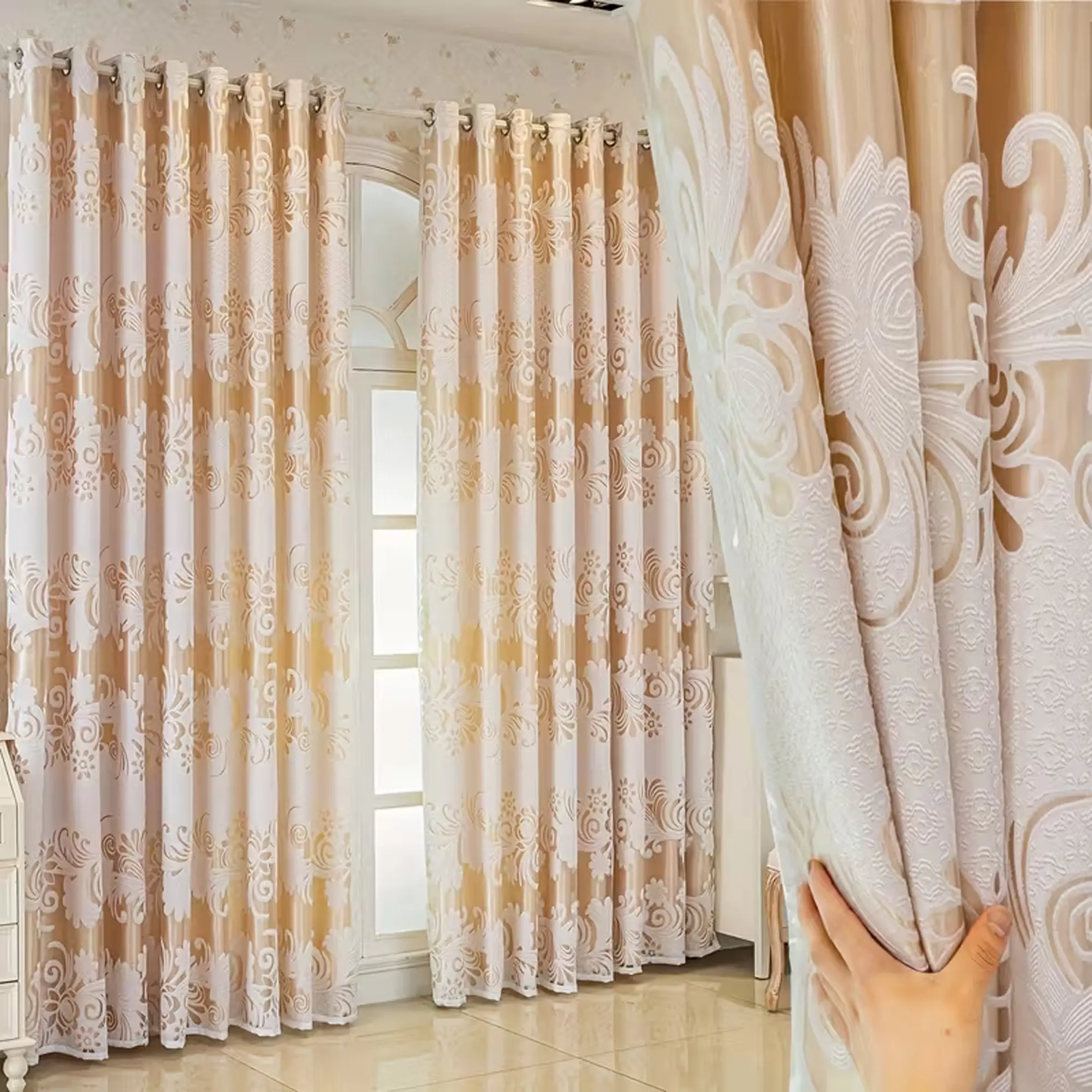 1pc Luxury Jacquard Blackout Curtain with Top Ring, UV Protection Drapes for Living Room Bedroom Kitchen Balcony Office Window Curtains Decor, Home Decoration Curtain