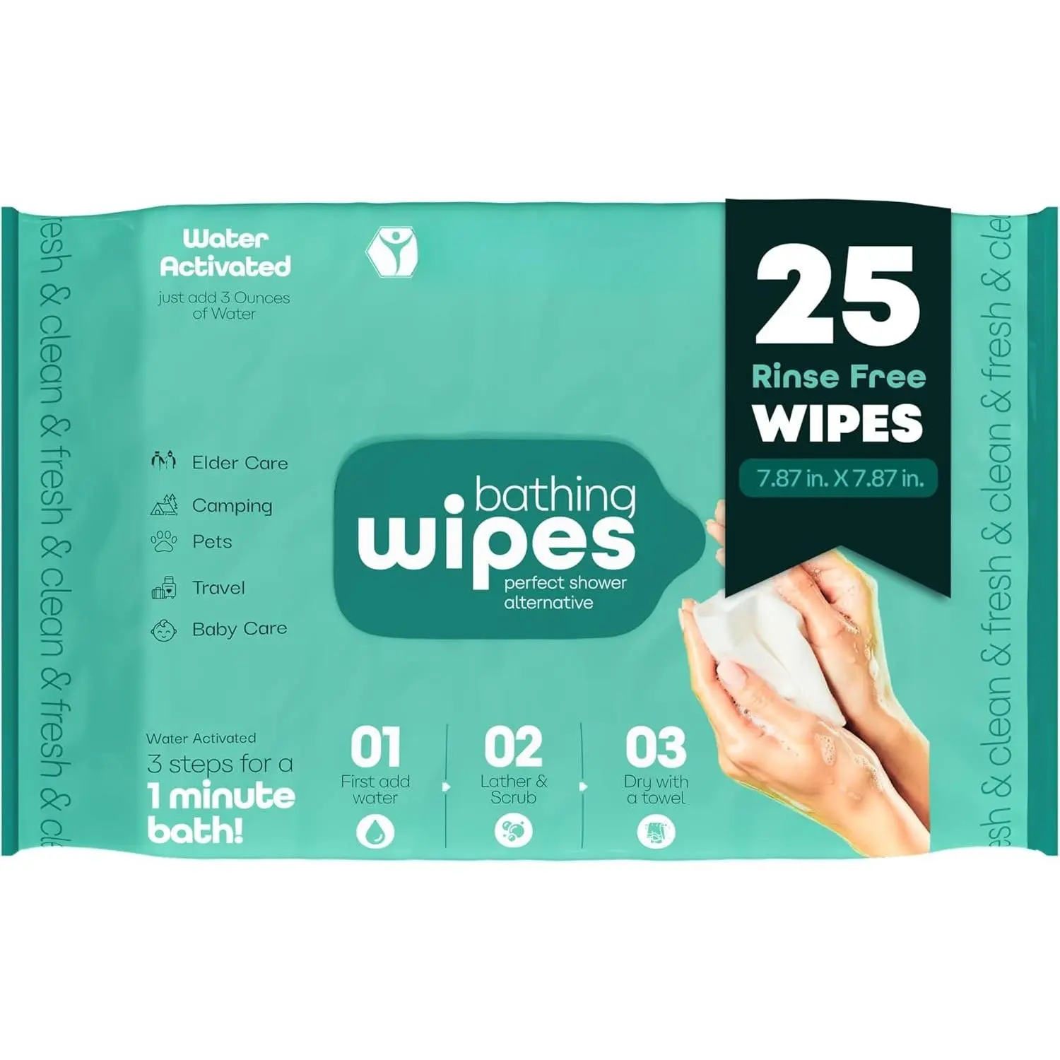 No Rinse Washing/Bathing Wipes - Just Add Water - Shower Cleansing Sponge/Wipes -  Latherz - Soap Infused Dry Shower - Pack of 25 Cloths - By Latherz