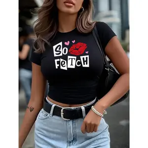 Women's Sexy Letter Print Crew Neck Crop Top Casual Sports Short Sleeve Tummy T-Shirt