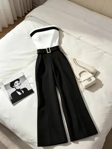 A women's fashionable light and mature style contrasting overalls jumpsuit with a strapless waist, wide leg pants that look slim and luxurious. Suitable for summer, nightclubs, city travel, beach vacations, checking in at popular restaurants, commuting