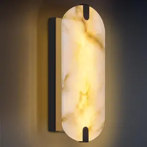 14.17in Alabaster Wall Sconces, Natural Marble Wall Light, Modern LED Alabaster Sconces for Living Room Indoor Wall Lamps for Dining Room Stairs Bedroom,Black