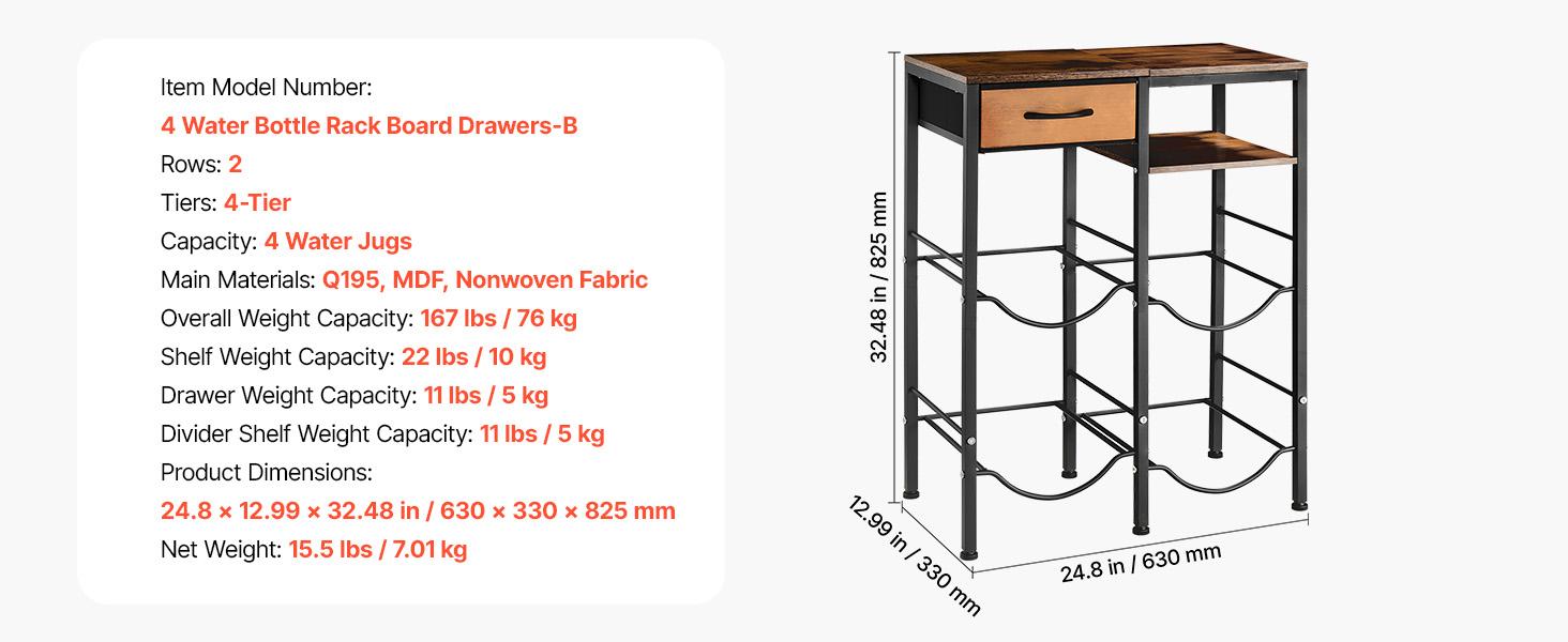 【summerfinds】VEVOR Water Jug Holder, 4 Tiers Double Rows 3 and 5 Gallon Water Bottle Holder for 4 Bottles, Heavy Duty Jug Rack Organizer with Storage Shelf and Drawer, for Kitchen, Living Room, Black and Brown
