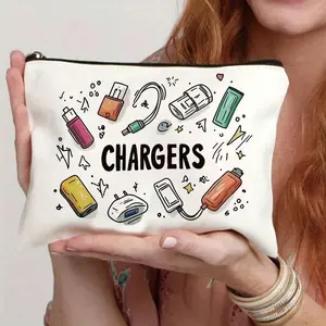 1pc Charger Canvas Cosmetic Bag - Lightweight, Foldable Travel Organizer Pouch With Zipper Closure - Cream Color, Cute Charger & Battery Design - Perfect Gift For Women, Teachers And Friends, Gift For Teachers | Illustration Pouch |