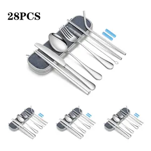28 Piece Silver Portable Utensils for 4, Compact Travel Camping Cutlery Set, including Knife Fork Spoon Chopsticks Cleaning Brush Straws Portable Case, Portable Tableware Set for Outdoor Camping Travel, Camping Kitchenware, Outdoor Camping Supplies