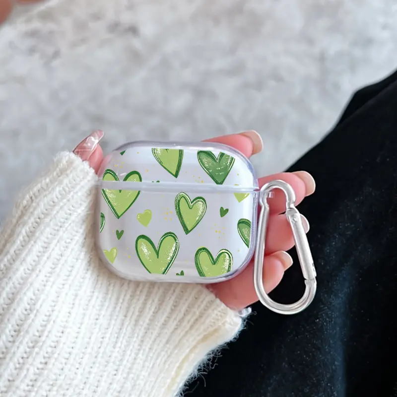 Green Heart Symphony Pattern TPU Soft Protective Case for Apple AirPods 4/3/2/1/Pro/Pro2 Transparent Earphone Cover with Keychain Attachment
