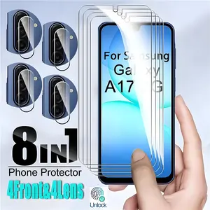 8 in 1 4 Pcs HD Tempered Glass Screen Protectors + 4 Pcs Clear Camera Lens Protector Suitable for Galaxy A17 4G 5G Full Coverage HD Protective Lens Film 9H Glass Suitable for Samsung A17