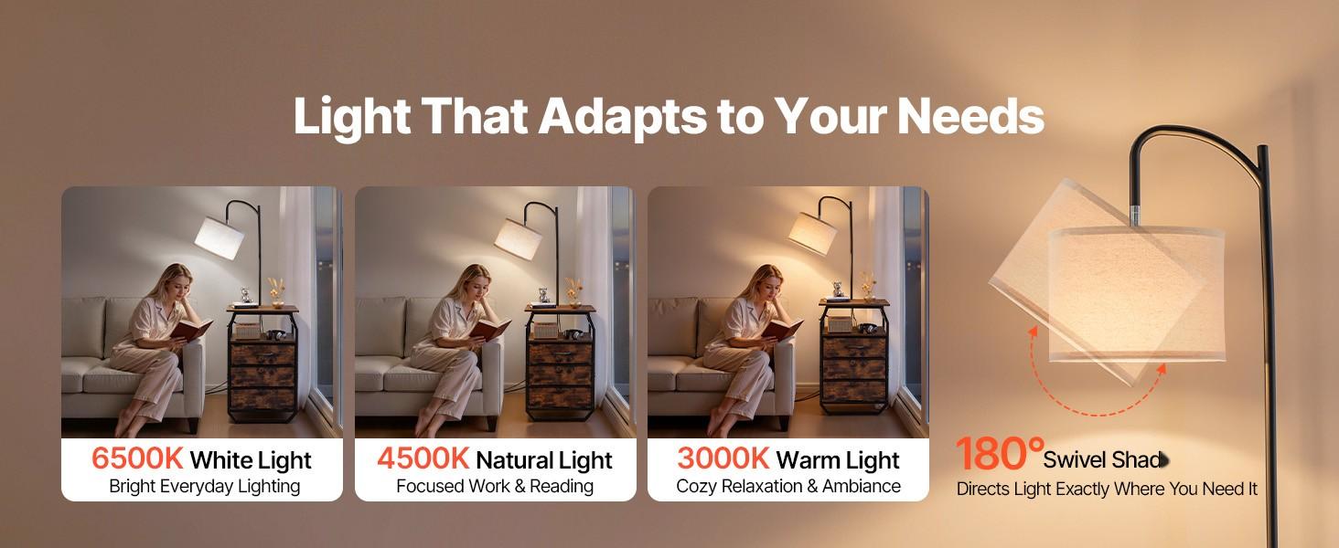Floor Lamp With Table, 2-Tier End Table With 3 Drawers And 3 Color Temperature Lighting, Modern Nightstand And Bedside Desk With USB, Type-C And AC Charging Port For Living Room, Bedroom Or Dorm