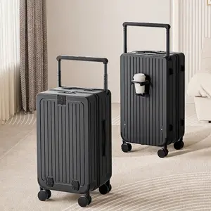 Wide Handle Hardshell Suitcase w/ Cup Holder & USB Port, 20"/24" Polycarbonate Travel Luggage with Flat Interior, Silent Spinner Wheels & Anti-Theft Lock, Lightweight Carry-On Bag