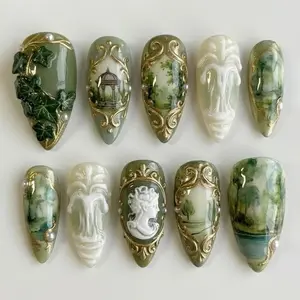 Handmade Neoclassical Garden Press On Nails | 3D Cameo & Fountain Sculpture Art | Luxury Sage Green Botanical Almond Set