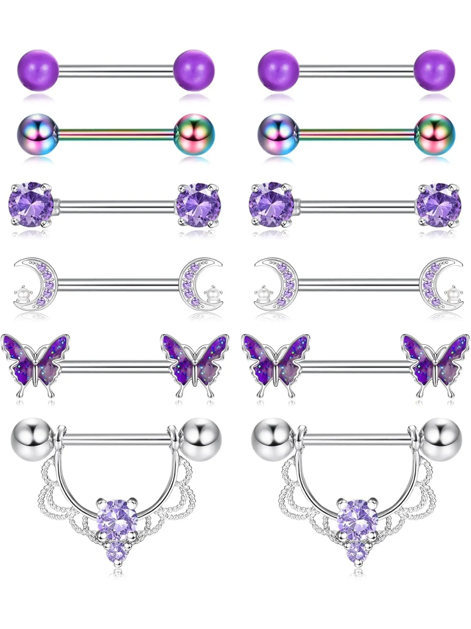 Fashionable 6 Pairs Purple Exquisite Sparkling Zircon Inlay 14G Nipple Rings 303 Stainless Steel Rings for Women Men Heart Butterfly Moon CZ Flower Barbell Nipple Rings Set Cute Nipple Rings Body Piercing Jewelry