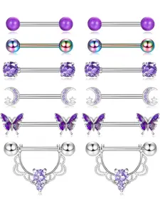 Fashionable 6 Pairs Purple Exquisite Sparkling Zircon Inlay 14G Nipple Rings 303 Stainless Steel Rings for Women Men Heart Butterfly Moon CZ Flower Barbell Nipple Rings Set Cute Nipple Rings Piercing Jewelry