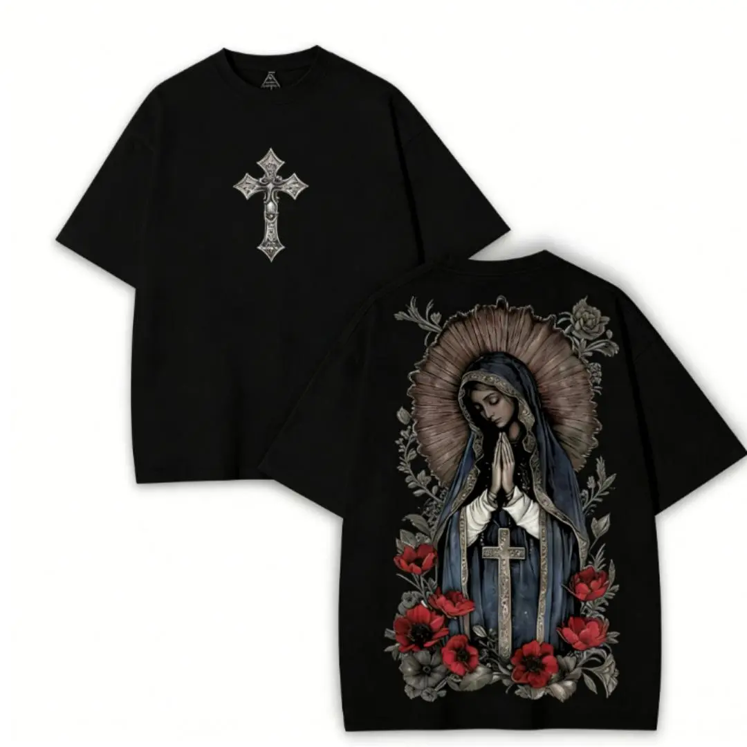 Summer 2026 Unisexvalentine shirts Virgin Mary Graphic T-Shirt, Black Heavy Cotton, Gothic Streetwear graphic  teeUnisex Crew neck T-shirt for Men And Women,All-Season Comfort,Heavyweight 100% CottonGraphic Tee Breathable / Soft
