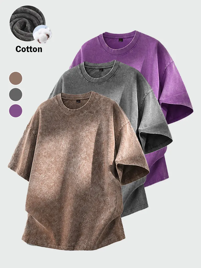 3PCS-Men's 230g Cotton Vintage Washed T-Shirts Oversized Unisex Short Sleeves Casual Loose Wash Solid Basic Tee Tops，Brown ,Gray，Purple Crewneck