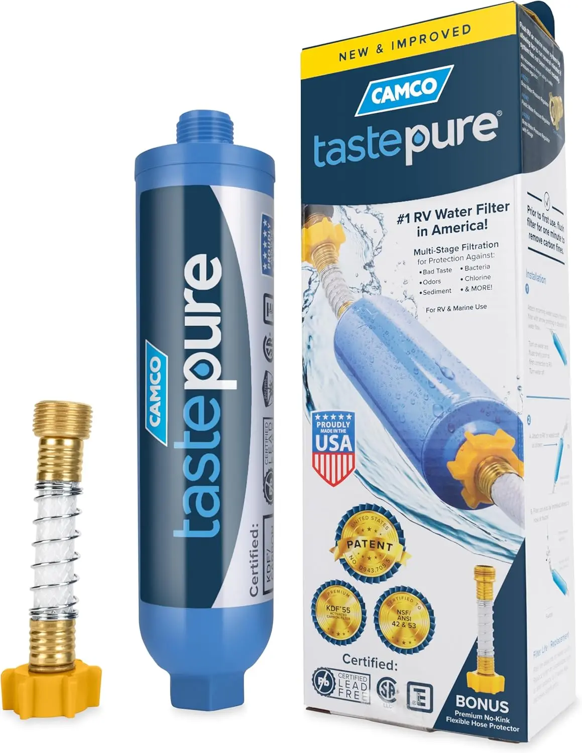 Camco Tastepure RV Inline Water Filter (40043) - GAC & KDF Filtration, Flexible Hose Protector, Made in the USA - Motorhome Freshwater System Plumbing Accessory for Camping Fresh Drinking Water