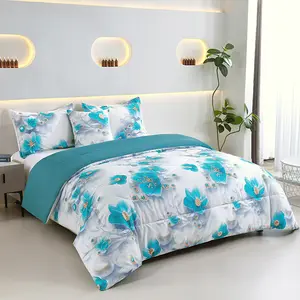 2/3pcs Elegant Blue Floral Comforter Set, Watercolor Flower Bedding with 1 or 2 Pillowcases, Soft Lightweight All-Season Bedding Set for Bedroom Decor, Suitable for Home, Hotel, Dorm, Machine Washable, Great Gift