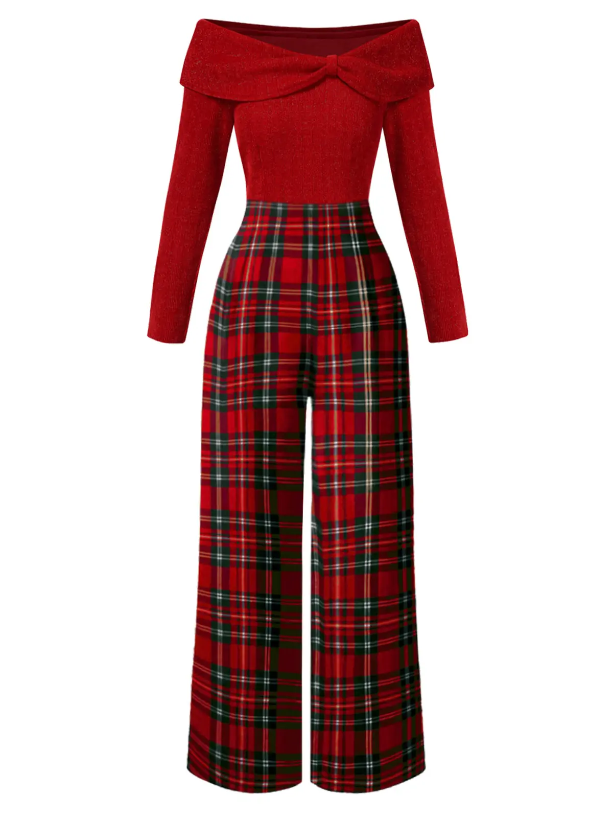 RETRO STAGE Women's 1950s Red Plaid Polyester Overalls - Vintage Off-Shoulder Longsleeves Ankle-Length Stylish Women's Casual Wear
