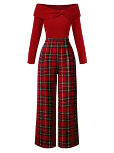 Red 1950s Christmas Off Shoulder Plaids Jumpsuit Womenswear Overalls Ankle Length Side Concealed Zipper Long Sleeve Casual All Seasons Polyester