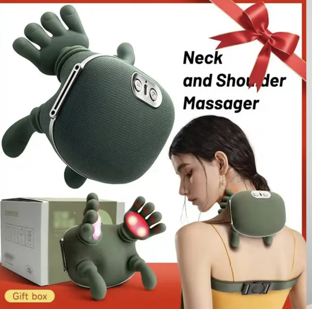 Shoulder and Neck Massager,  Heated Massager, Neck Massager with Fingers, 4D Kneading Massage, Simulates a Real Palm Massage for Comfort, Relax Muscle Tension (Green)