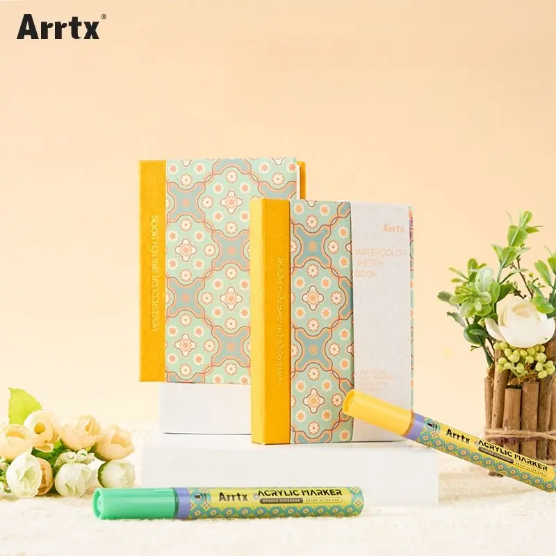Arrtx Art Sketchbooks - 3.86in x 5.35in Hardcover Watercolor Notebook with Floral Design, Includes Acrylic Marker for Artists, Enthusiasts, Enhances Drawing Experience