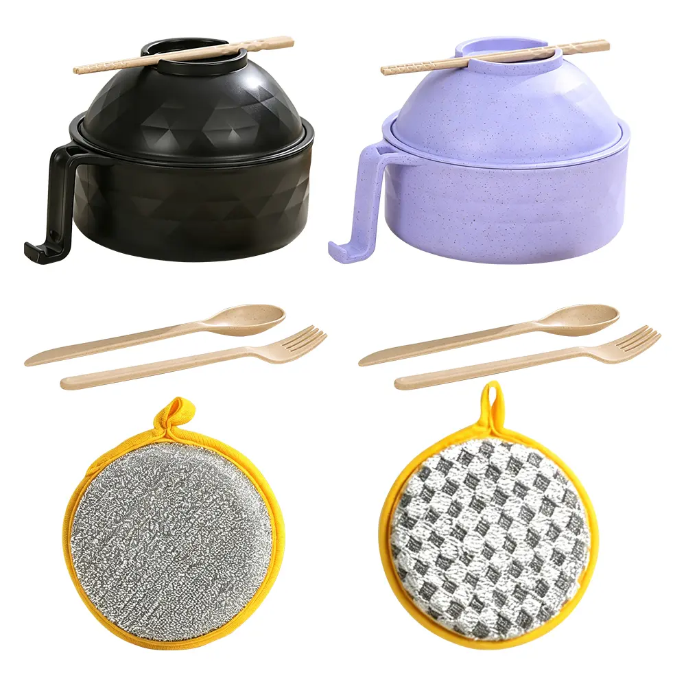 Pack of 2 Ramen Noodles Bowl with Spoon Chopsticks Fork & 2Pcs Sponge Scrubber Kit, Ramen Cooker Set, Microwave Ramen Bowl with Lid Suitable for Heating Lamian Noodles, Pasta and Any Food