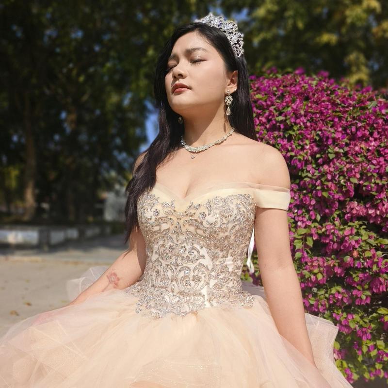 NO.27 Sequined Patterned Glitter Net Quinceañera Dress with Tulle Flounces Design On Skirt L.blue Blush Champagne Ball Gown Dress