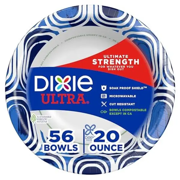 Dixie Ultra, Large Paper Bowls, 20 Oz, 56 Count, Microwave Safe, Compostable, Disposable Bowls Great For Breakfast, Lunch, And Dinner Meals