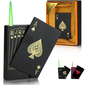 (Without Gas) Jet Torch Lighter, Green Flame Ace Card Lighter, Metal Poker Design Windproof Refillable Butane Cool Lighter, Outdoor, Indoor, Camping, BBQ, Candle, Birthday, Gift for Men/Women outdoorfun