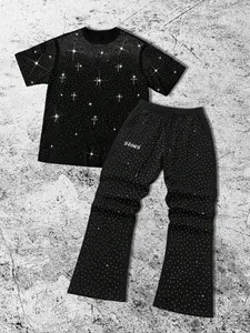 Men's two-piece set: black rhinestone T-shirt and black rhinestone flared pants, suitable for all seasons.